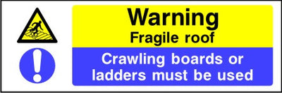 Warning Fragile Roof Crawling boards or ladders must be used sign