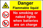 Danger Flammable liquid No smoking or naked lights when batteries on charge sign