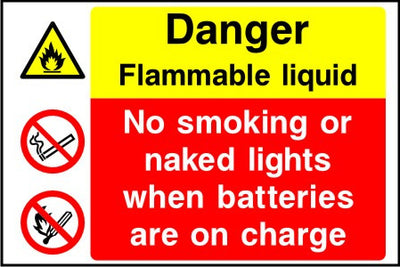 Danger Flammable liquid No smoking or naked lights when batteries on charge sign