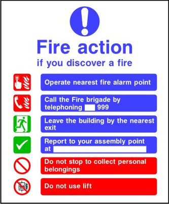 Call Fire brigade Do not use lifts Fire action sign
