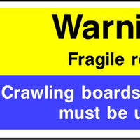 Warning fragile roof crawling boards or ladders must be used sign
