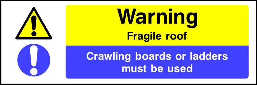 Warning fragile roof crawling boards or ladders must be used sign