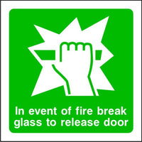In Event of Fire Break Glass To Release Door Sign