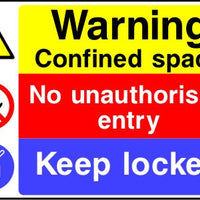 Warning Confined space No unauthorised entry Keep locked sign