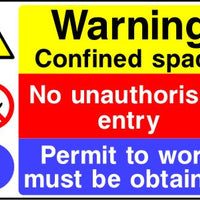 Warning Confined space No unauthorised entry Permit to work must be obtained sign