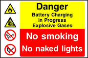 Danger Battery Charging in Progress Explosive Gases No smoking sign