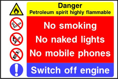 Danger Petroleum spirit No smoking No mobile phones Switch off engine sign