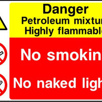 Danger Petroleum mixture Highly flammable No smoking No naked lights sign