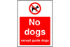 No dogs except guide dogs park safety sign