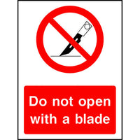 Do not open with a blade safety sign