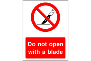 Do not open with a blade safety sign