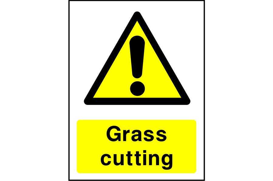 Grass cutting caution sign