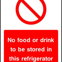 No food or drink to be stored in this refrigerator sign