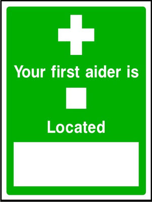 Your first aider is located sign