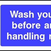 Wash your hands before and after handling raw meat safety sign