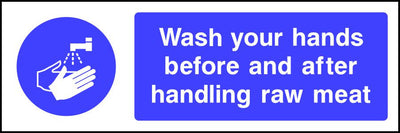 Wash your hands before and after handling raw meat safety sign