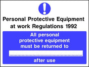 PPE Regs All PPE must be returned after use sign