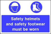 Safety helmets and safety footwear must be worn sign